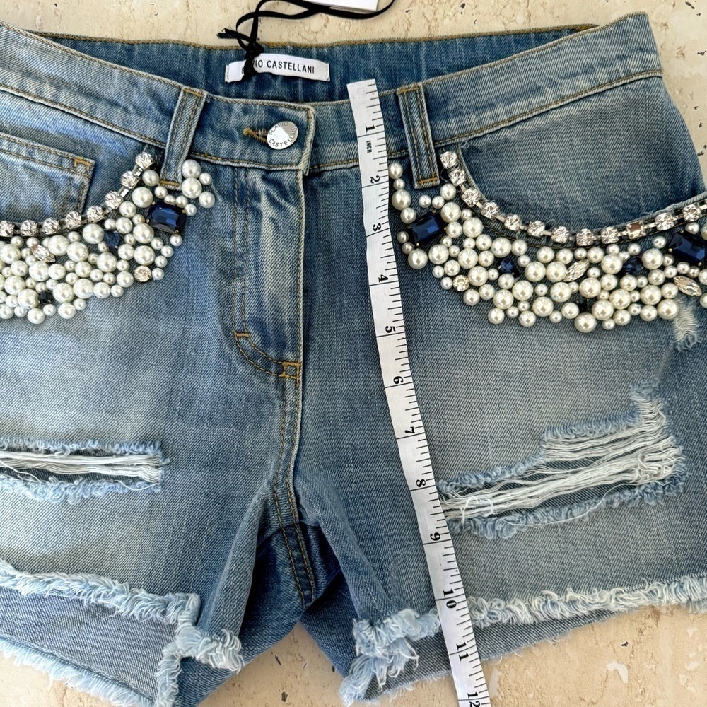 New! Flavio Castellani Jeans Shorts, Size 40, Blue with Crystals/Pearls - Picture 8 of 11